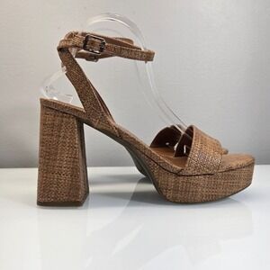 Marc Fisher Platform Block Heel Sandals 9.5 Brown Raffia Ankle Strap Chunky Boho